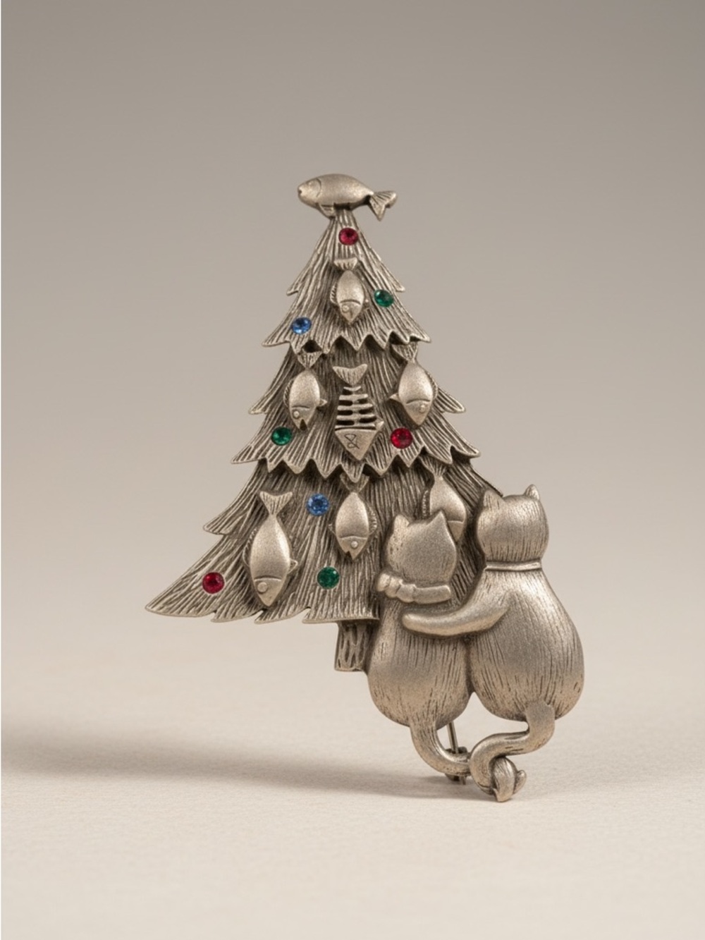 Vintage JJ Jonette Signed Pewter Cat Christmas Tree Pin Rhinestone Brooch